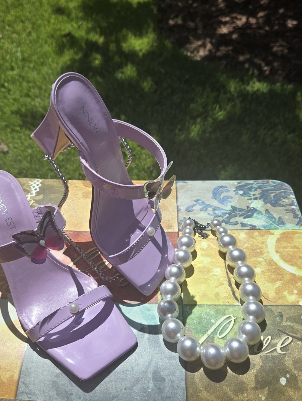 Nine West Lavender Pearl Accent Heeled Sandals with Butterfly Detail